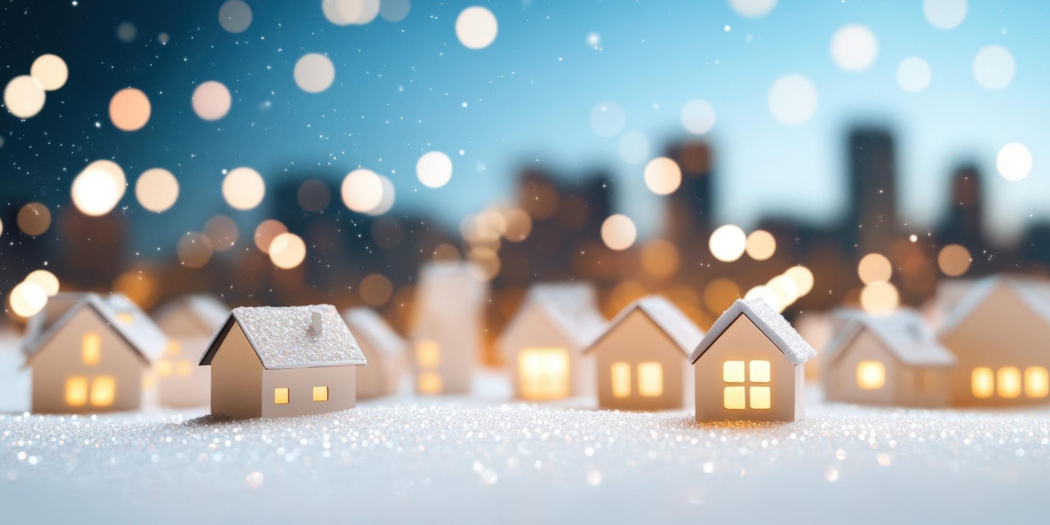 Kleine leuchtende Papierhäuser in einer nächtlichen Winterlandschaft