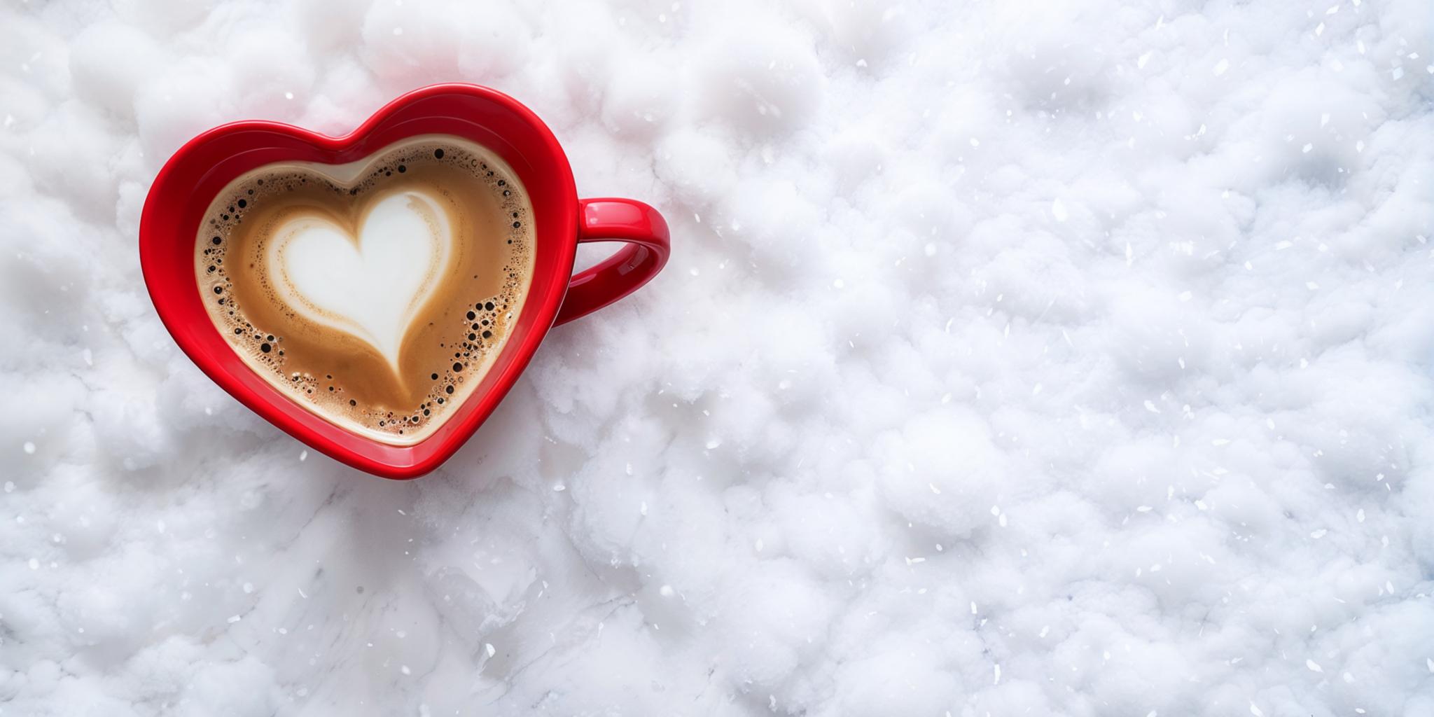Herzförmige Tasse, gefüllt mit Kaffee, steht im Schnee