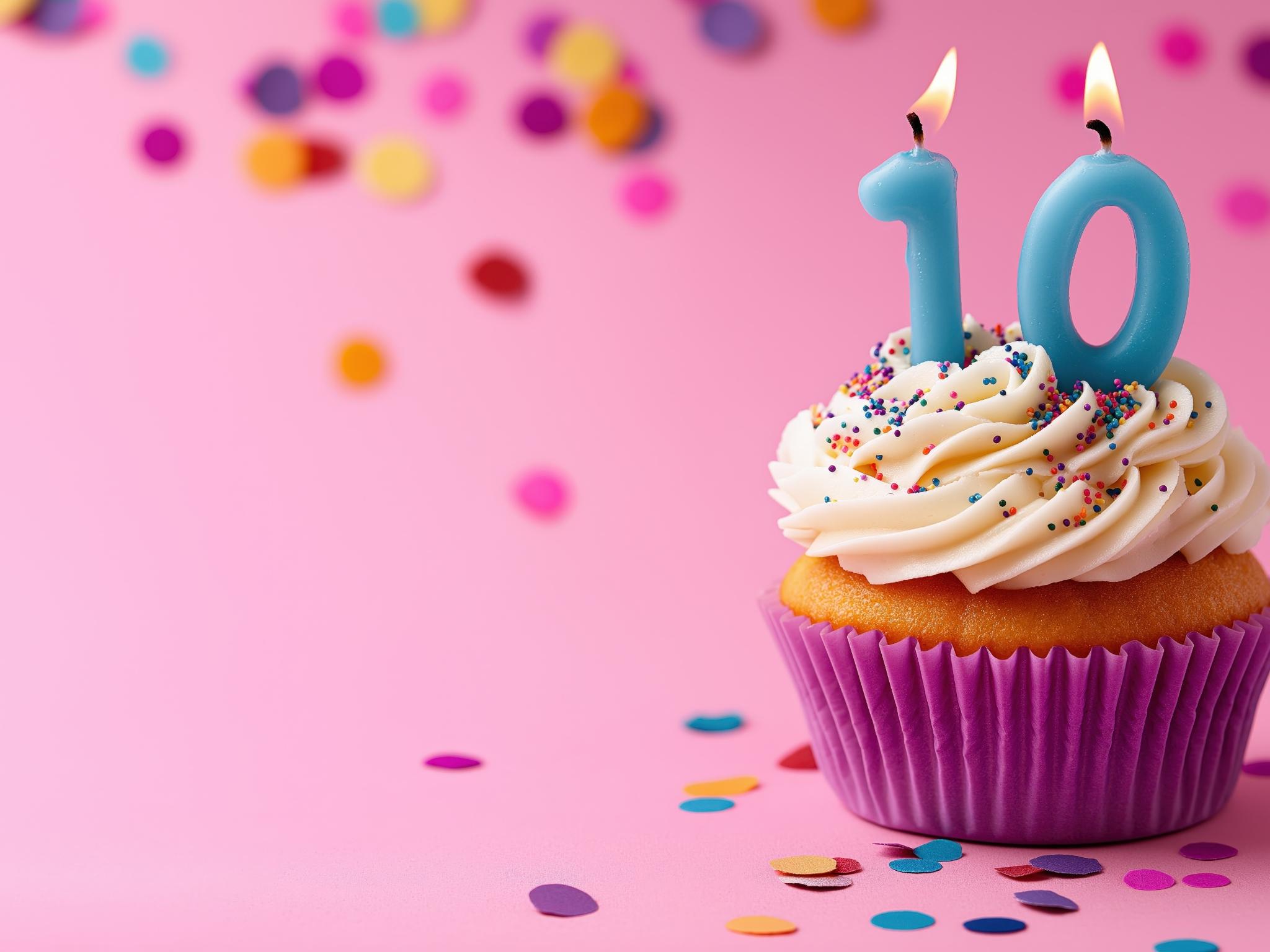 Ein Muffin mit Zahlenkerzen zehn vor rosa Hintergrund