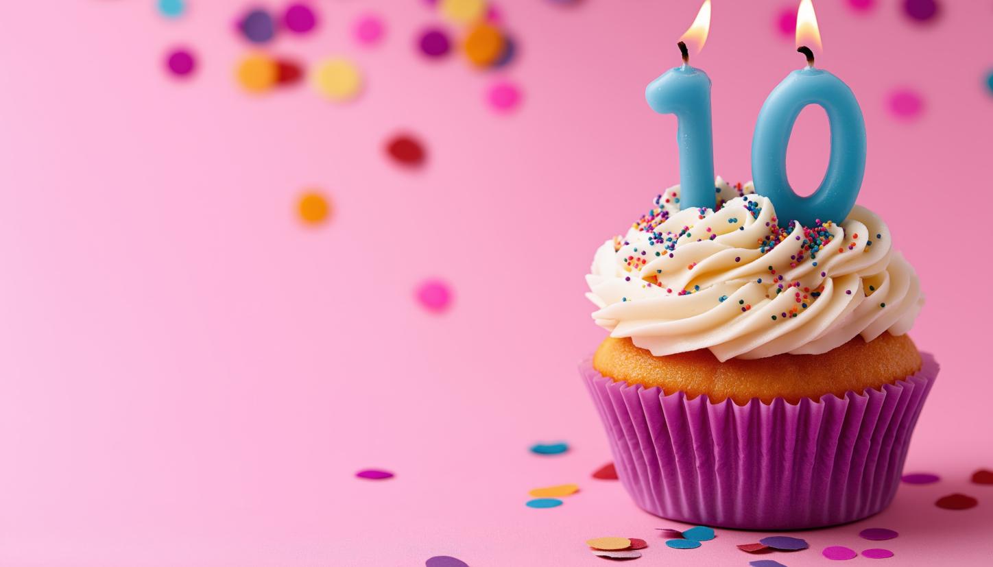Ein Muffin mit Zahlenkerzen zehn vor rosa Hintergrund