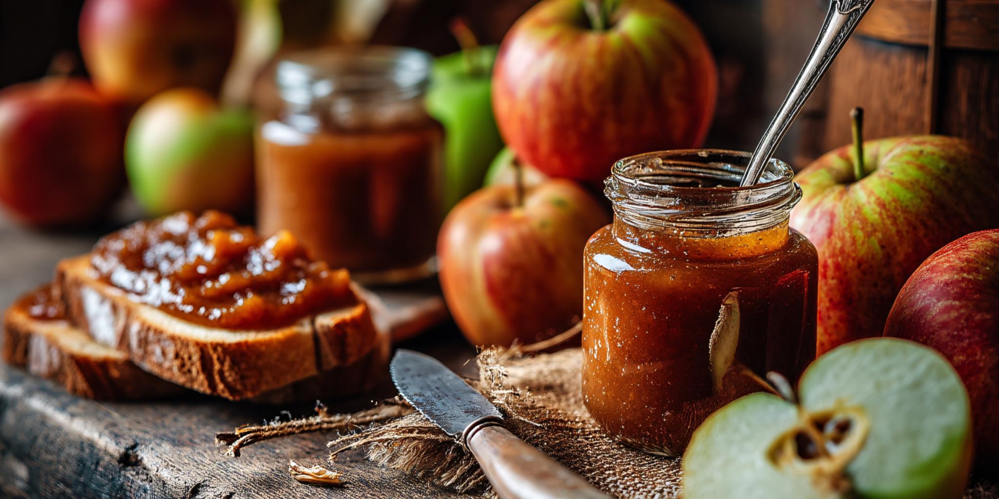 Obst und Marmeladengläser auf einer Ablage