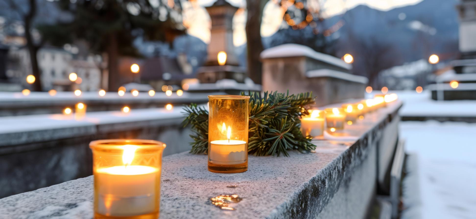 auf einer Mauer stehen brennende Kerzen, im Hintergrund ist ein Friedhof zu erkennen