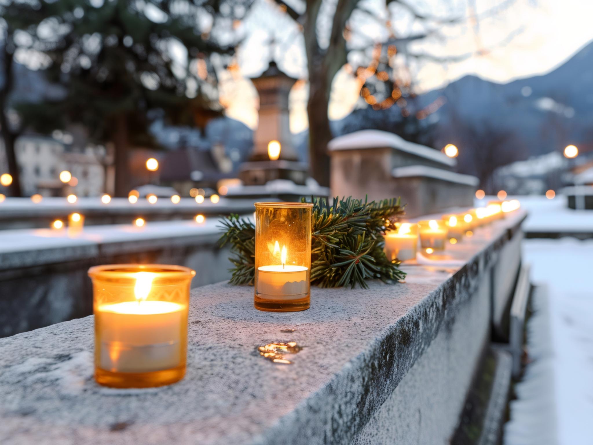 auf einer Mauer stehen brennende Kerzen, im Hintergrund ist ein Friedhof zu erkennen