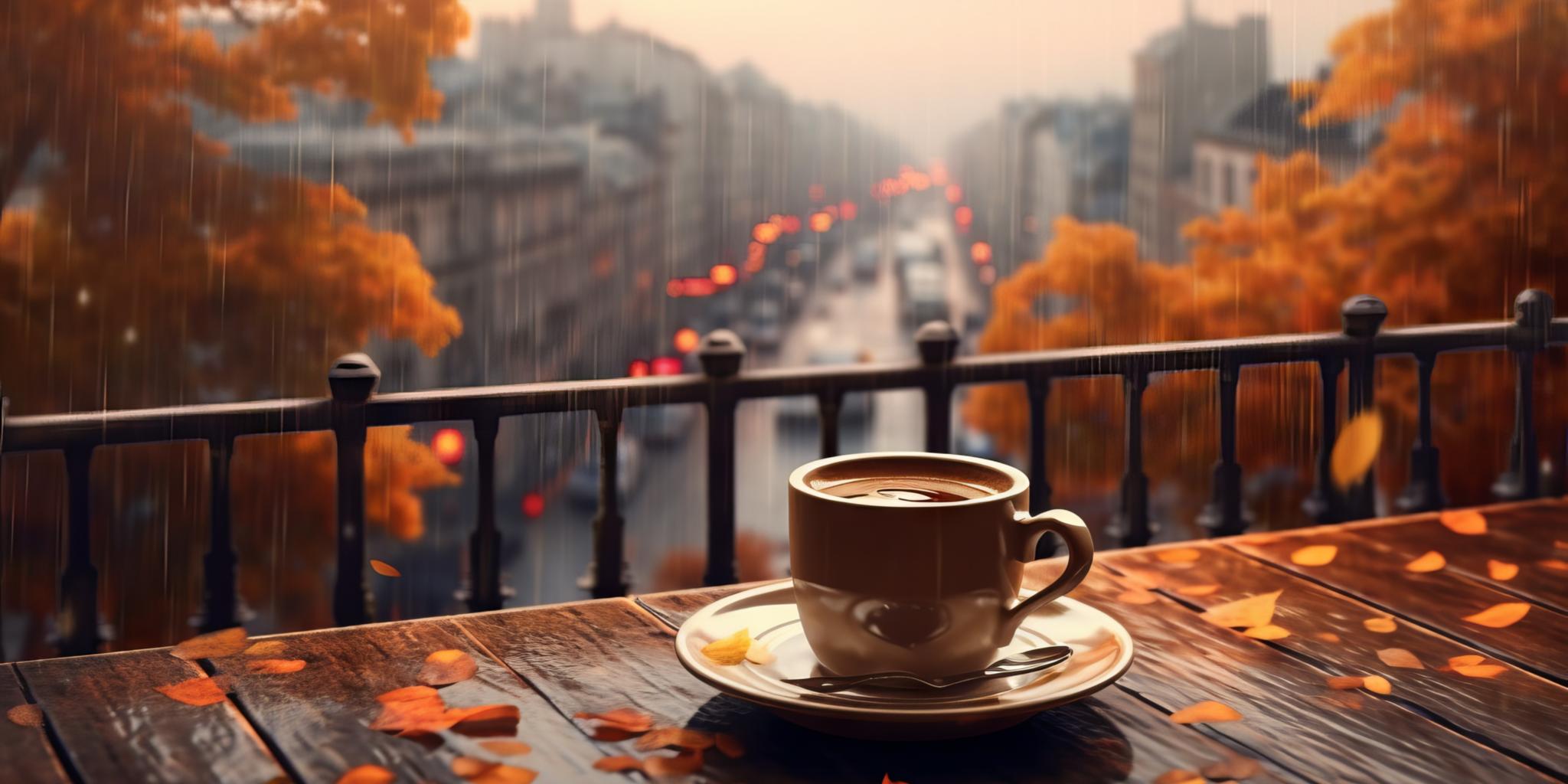 Kaffetasse auf einem Tisch, dahinter herbstliche Laubbäume und eine Straße