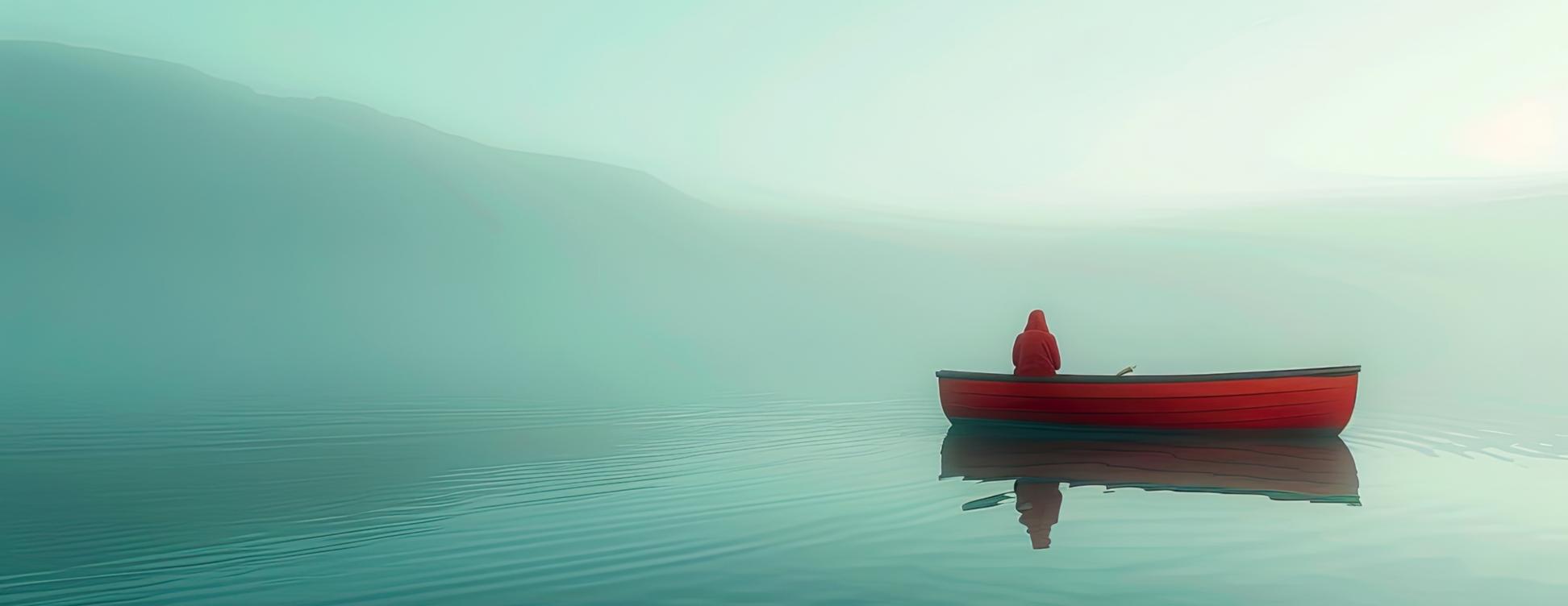 Ein See im Nebel, auf dem ein rotes Boot mit einer Person treibt