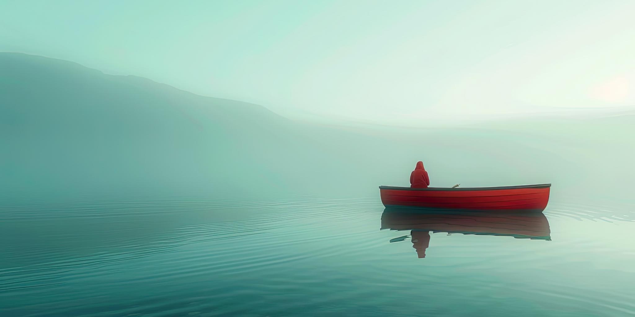Ein See im Nebel, auf dem ein rotes Boot mit einer Person treibt