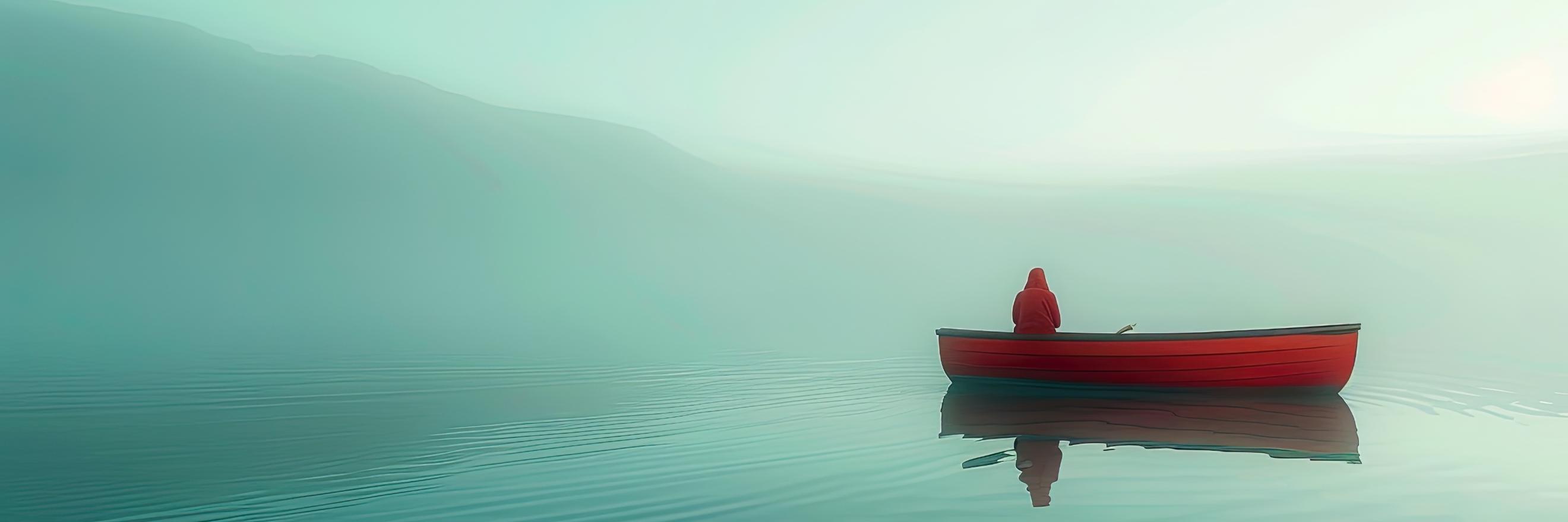 Ein See im Nebel, auf dem ein rotes Boot mit einer Person treibt