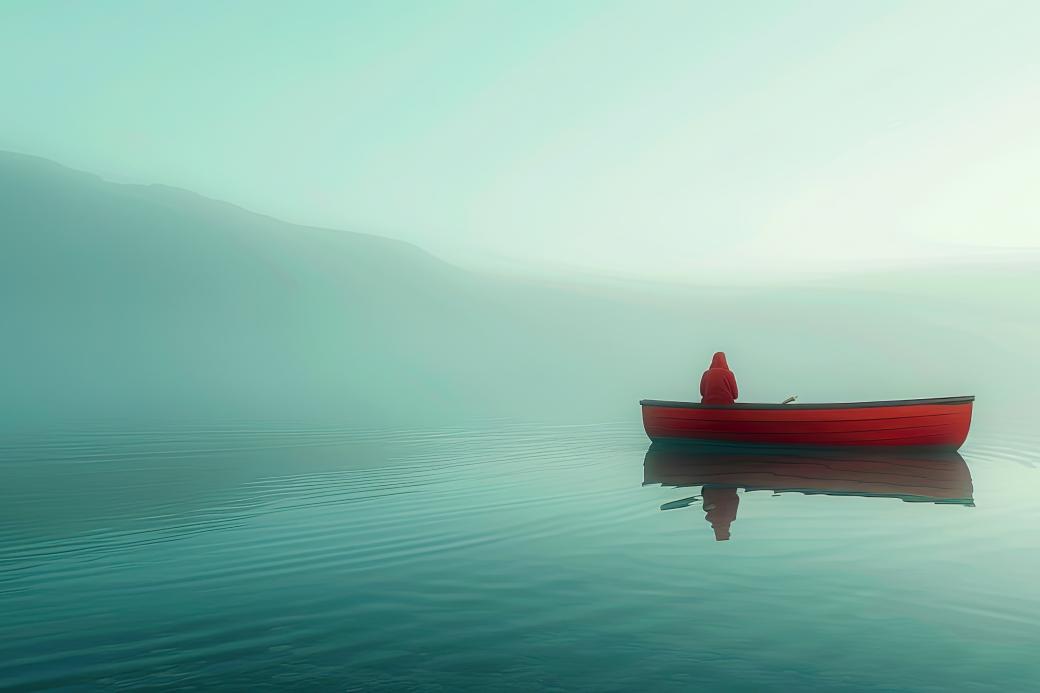 Ein See im Nebel, auf dem ein rotes Boot mit einer Person treibt