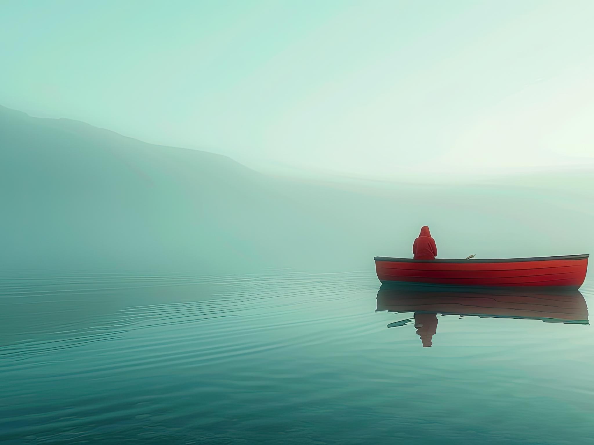Ein See im Nebel, auf dem ein rotes Boot mit einer Person treibt