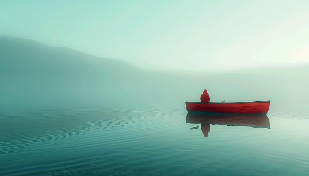 Ein See im Nebel, auf dem ein rotes Boot mit einer Person treibt