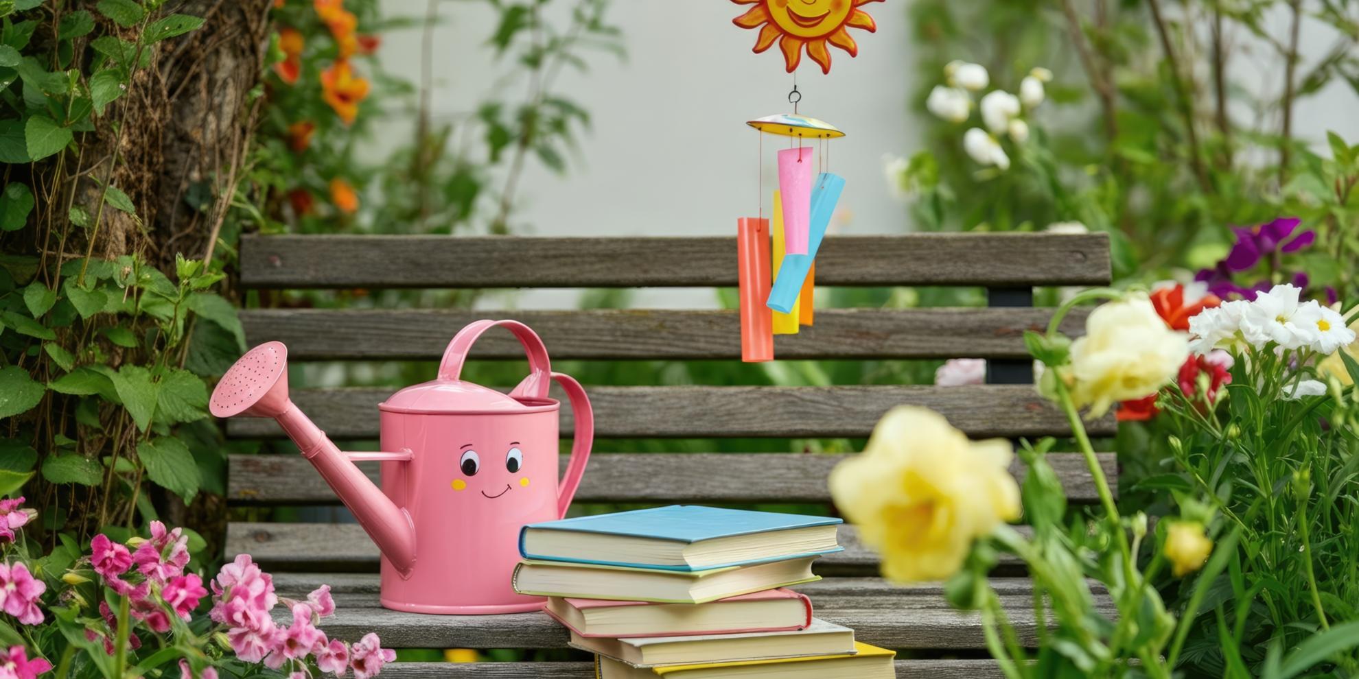 Eine Gartenbank, umgeben von Blumen und Büchern.